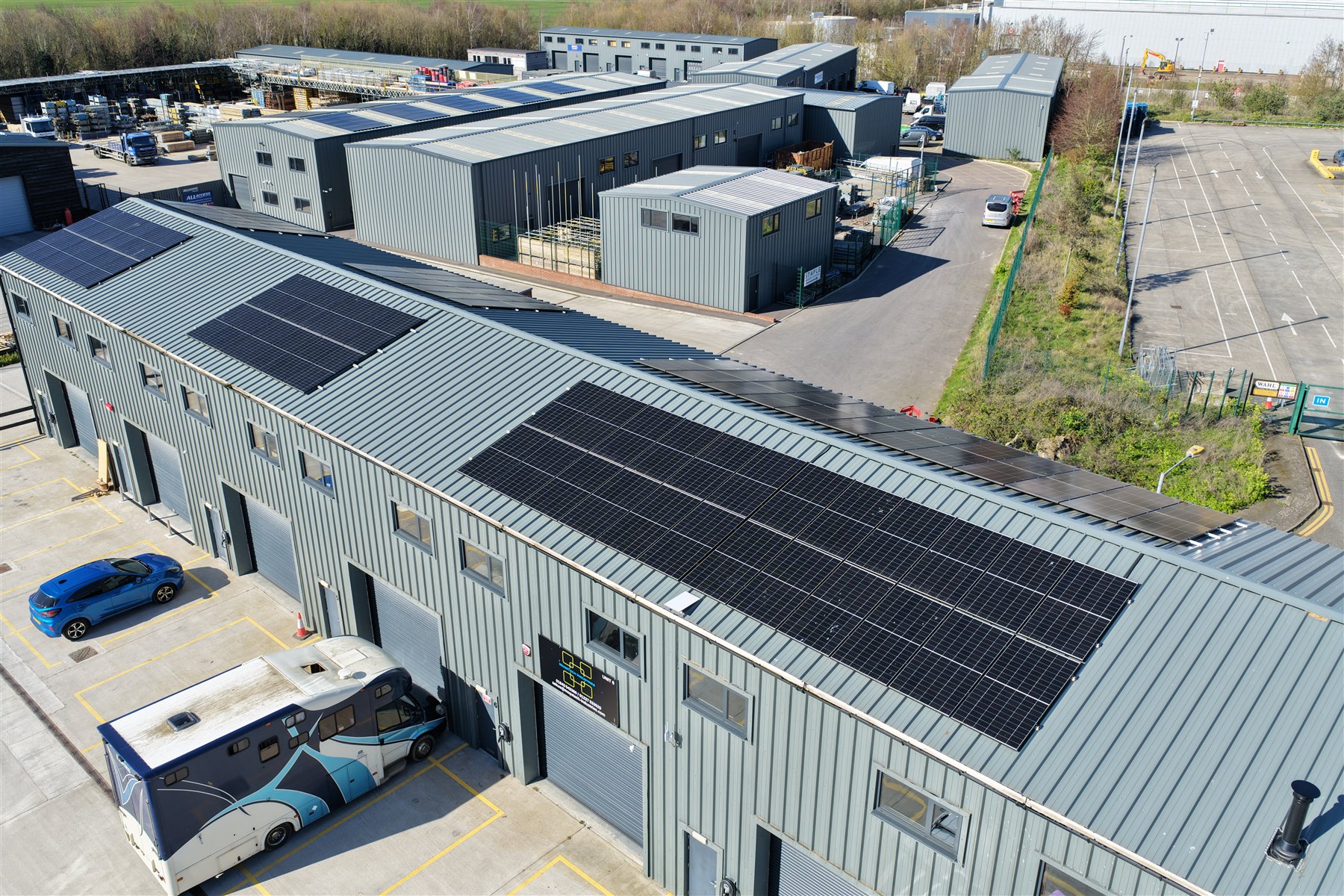 Drone view of commercial rooftop solar installed by WH Renewables