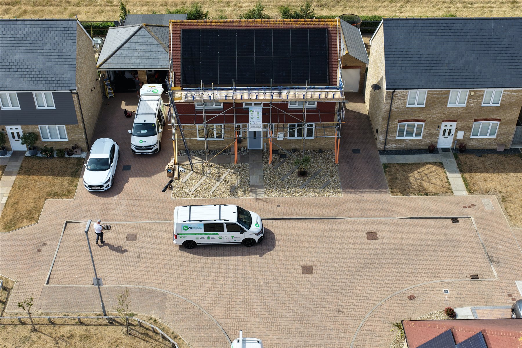 Drone view of a completed solar panel installation on a Kent home